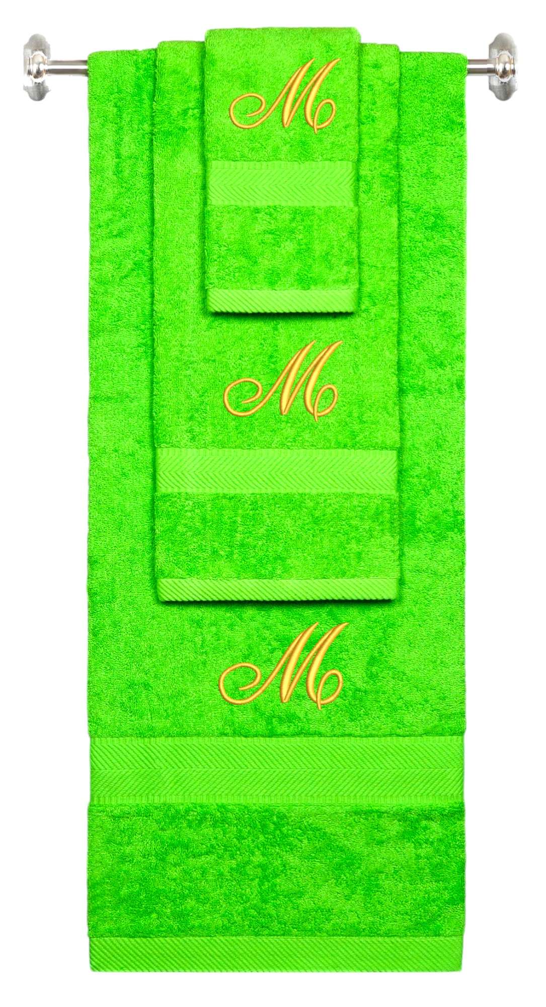 Lime monogrammed towel set with Gold thread, Diana Script font, initial M - 540 GSM cotton 3-piece