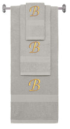 Silver monogrammed towel set with Gold thread, Chancery font, initial B - 540 GSM cotton 3-piece