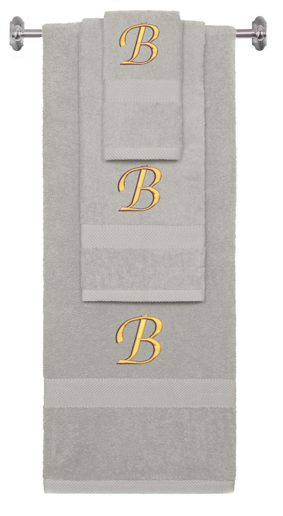 Silver monogrammed towel set with Gold thread, Chancery font, initial B - 540 GSM cotton 3-piece