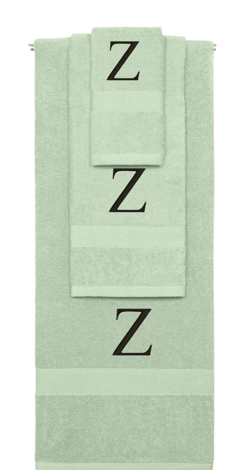 Mint Green monogrammed towel set with Black thread, Times New Roman font, initial Z - 540 GSM cotton 3-piece