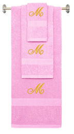Pink monogrammed towel set with Gold thread, Diana Script font, initial M - 540 GSM cotton 3-piece