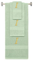 Mint Green monogrammed towel set with Gold thread, Chancery font, initial I - 540 GSM cotton 3-piece