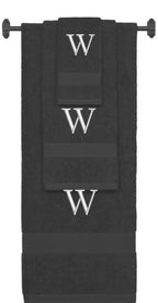 Charcoal monogrammed towel set with Silver thread, Times New Roman font, initial W - 540 GSM cotton 3-piece