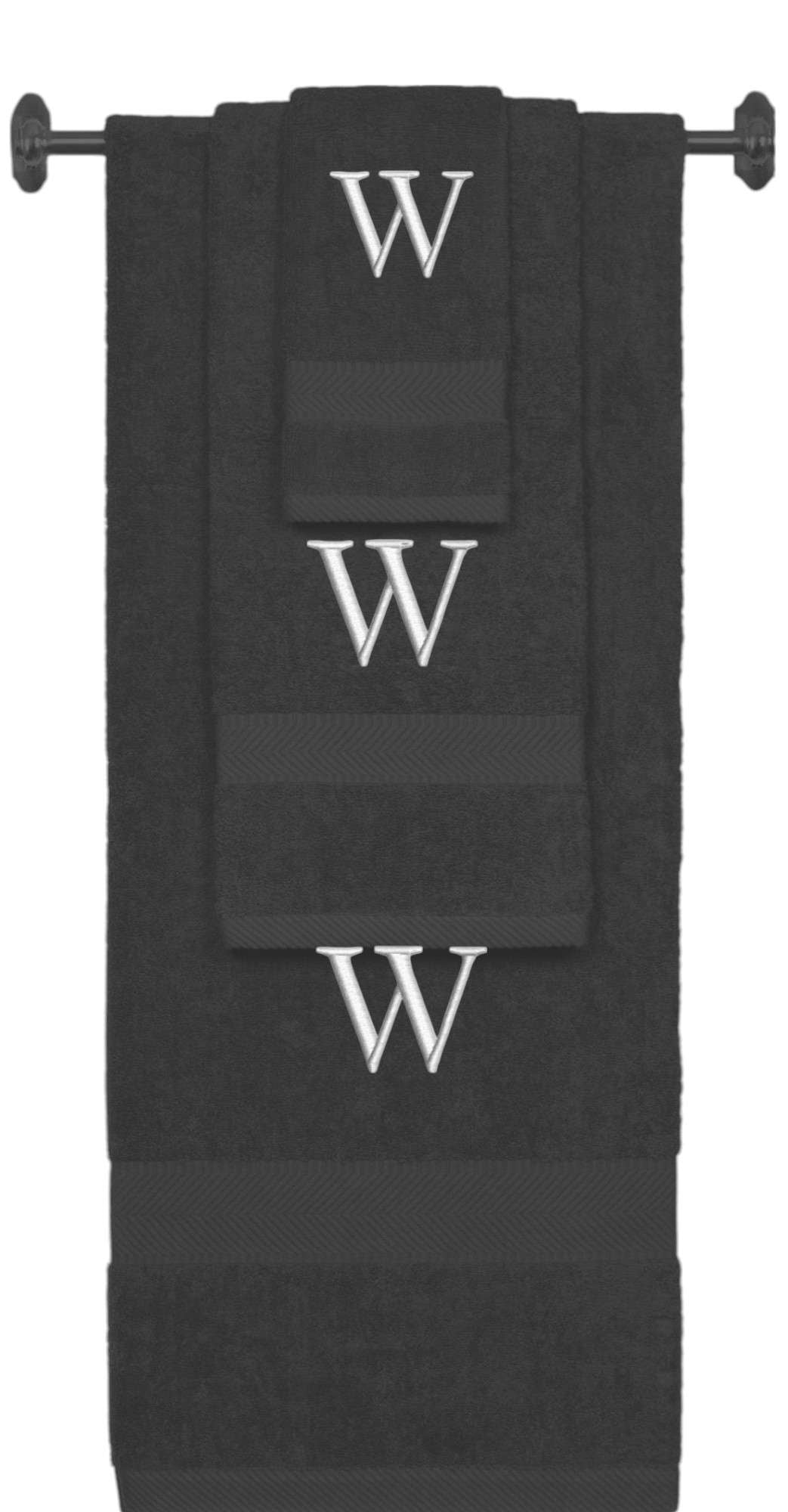 Charcoal monogrammed towel set with Silver thread, Times New Roman font, initial W - 540 GSM cotton 3-piece