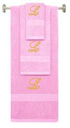 Pink monogrammed towel set with Gold thread, Diana Script font, initial L - 540 GSM cotton 3-piece