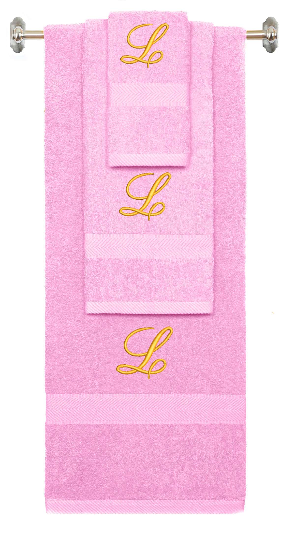 Pink monogrammed towel set with Gold thread, Diana Script font, initial L - 540 GSM cotton 3-piece
