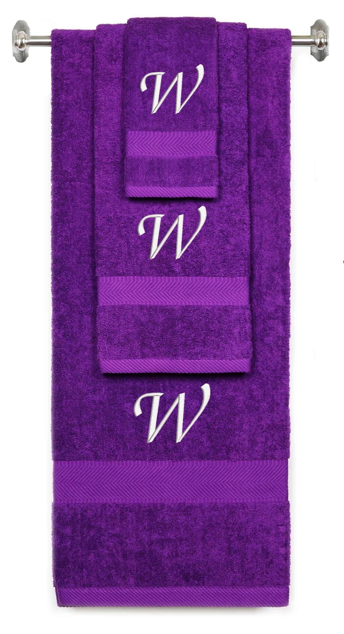 Purple monogrammed towel set with White thread, Chancery font, initial W - 540 GSM cotton 3-piece