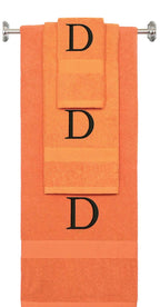 Orange monogrammed towel set with Black thread, Times New Roman font, initial D - 540 GSM cotton 3-piece