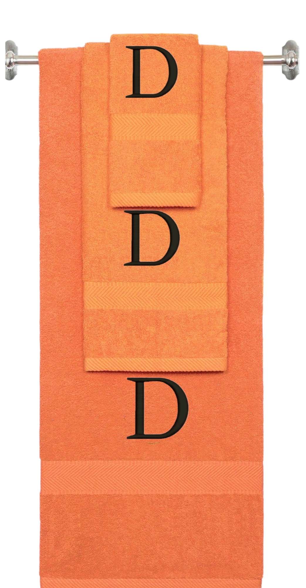 Orange monogrammed towel set with Black thread, Times New Roman font, initial D - 540 GSM cotton 3-piece