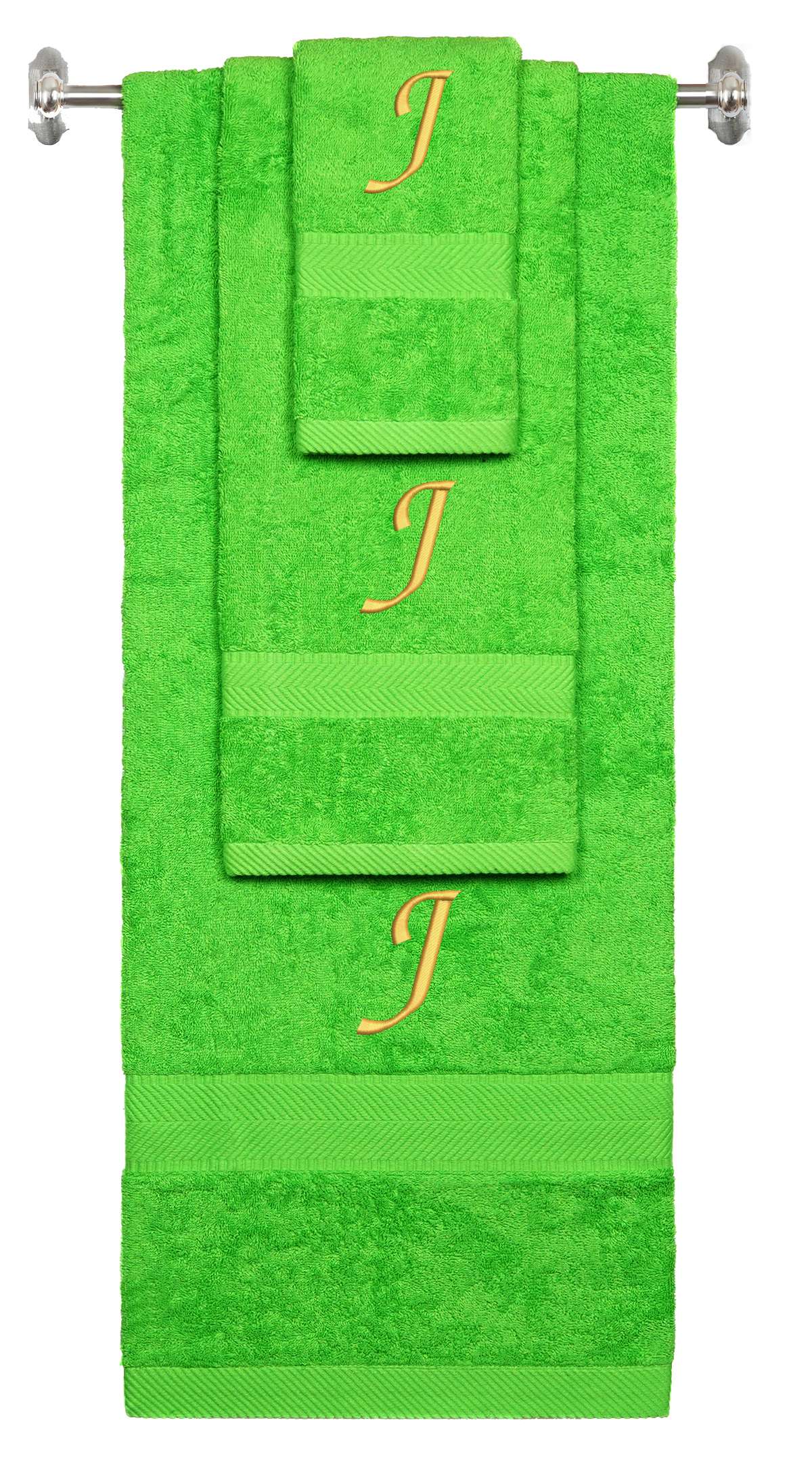 Lime monogrammed towel set with Gold thread, Chancery font, initial J - 540 GSM cotton 3-piece