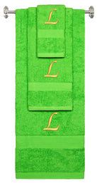 Lime monogrammed towel set with Gold thread, Chancery font, initial L - 540 GSM cotton 3-piece