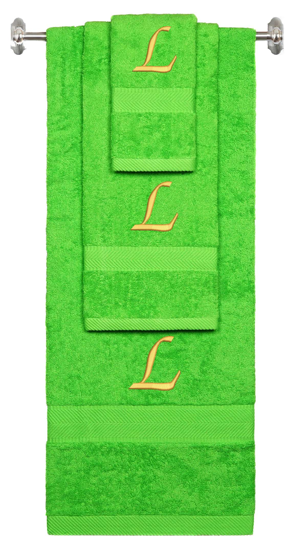 Lime monogrammed towel set with Gold thread, Chancery font, initial L - 540 GSM cotton 3-piece