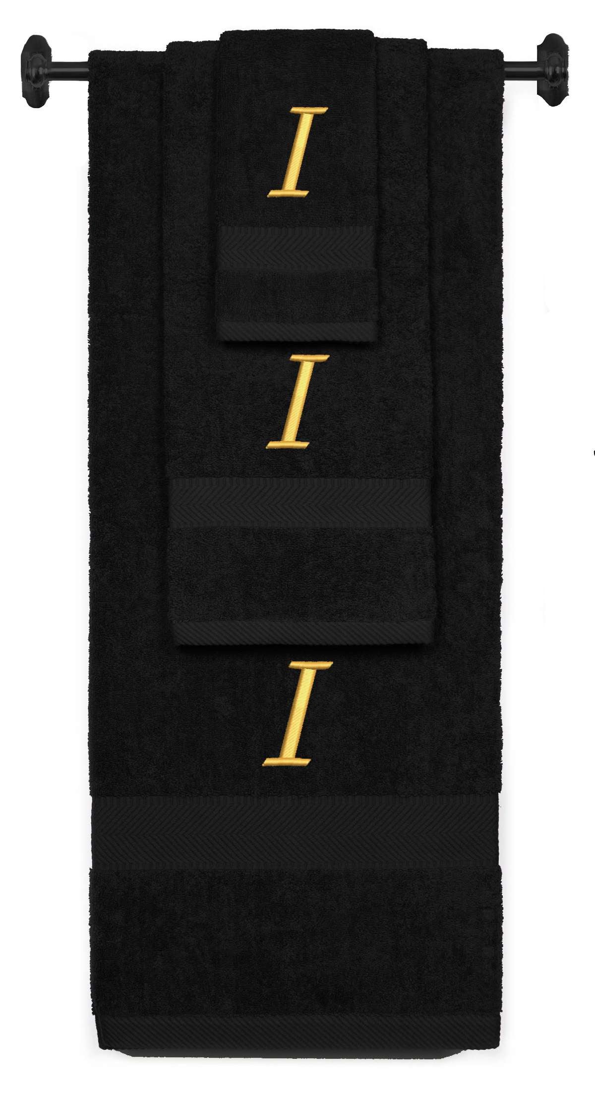 Black monogrammed towel set with Gold thread, Chancery font, initial I - 540 GSM cotton 3-piece