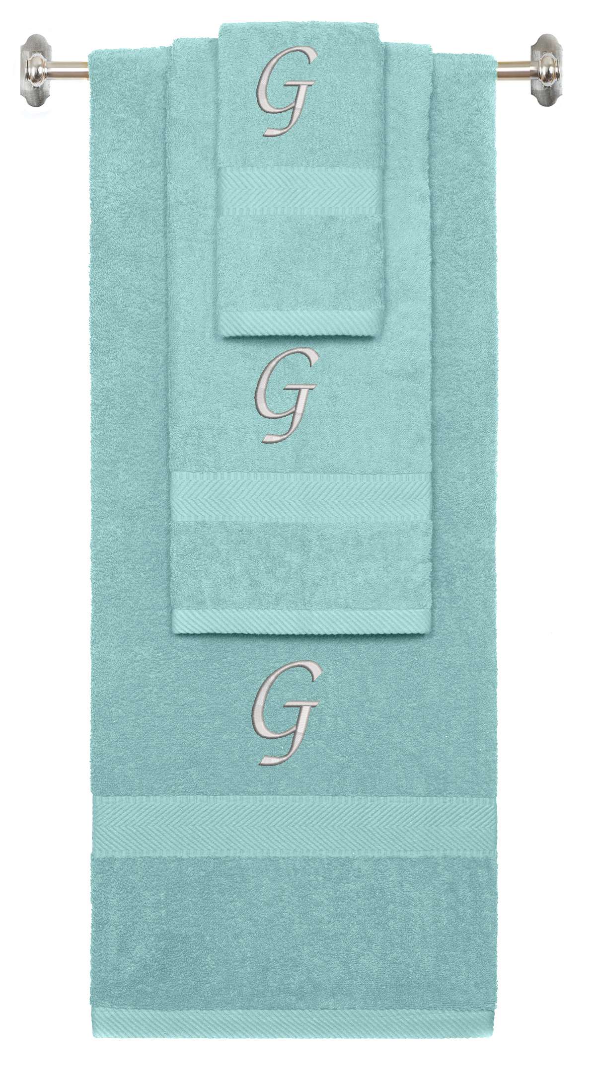 Nautical Teal monogrammed towel set with Silver thread, Chancery font, initial G - 540 GSM cotton 3-piece