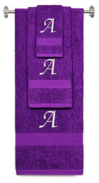 Purple monogrammed towel set with Silver thread, Chancery font, initial A - 540 GSM cotton 3-piece