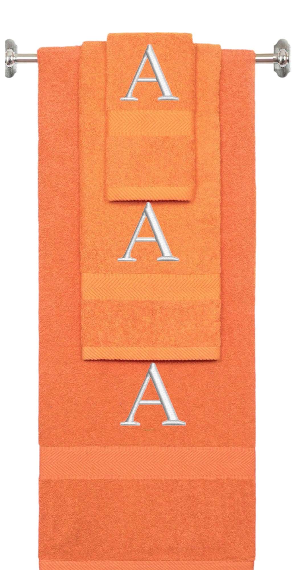 Orange monogrammed towel set with Silver thread, Times New Roman font, initial A - 540 GSM cotton 3-piece