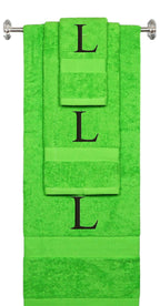 Lime monogrammed towel set with Black thread, Times New Roman font, initial L - 540 GSM cotton 3-piece