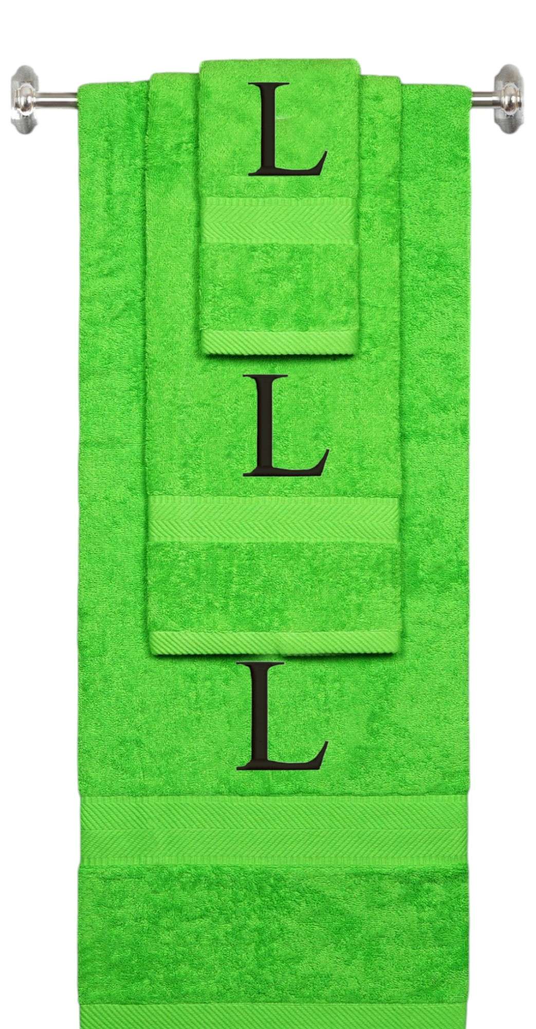 Lime monogrammed towel set with Black thread, Times New Roman font, initial L - 540 GSM cotton 3-piece