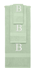 Mint Green monogrammed towel set with White thread, Times New Roman font, initial B - 540 GSM cotton 3-piece