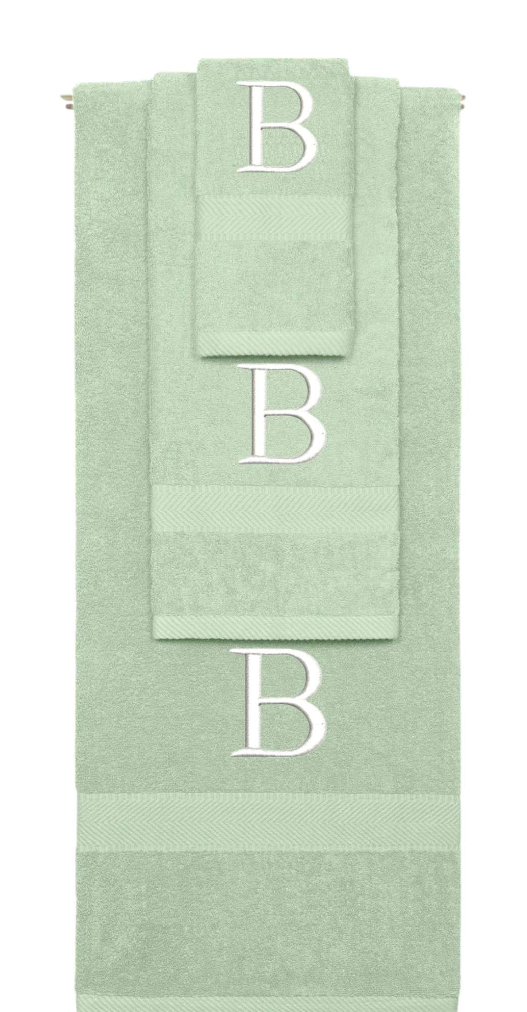 Mint Green monogrammed towel set with White thread, Times New Roman font, initial B - 540 GSM cotton 3-piece