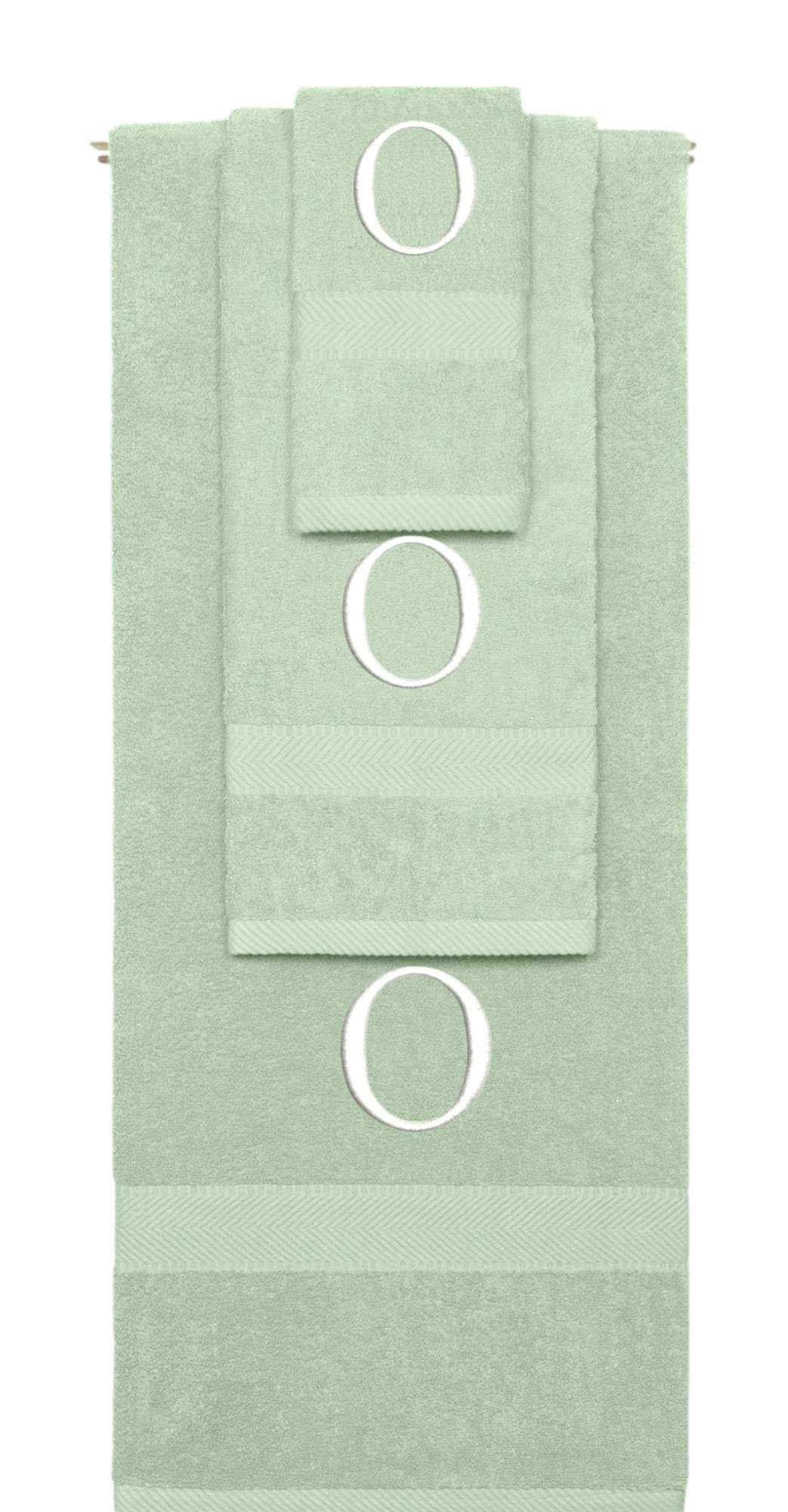 Mint Green monogrammed towel set with White thread, Times New Roman font, initial O - 540 GSM cotton 3-piece