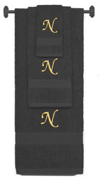 Charcoal monogrammed towel set with Gold thread, Chancery font, initial N - 540 GSM cotton 3-piece