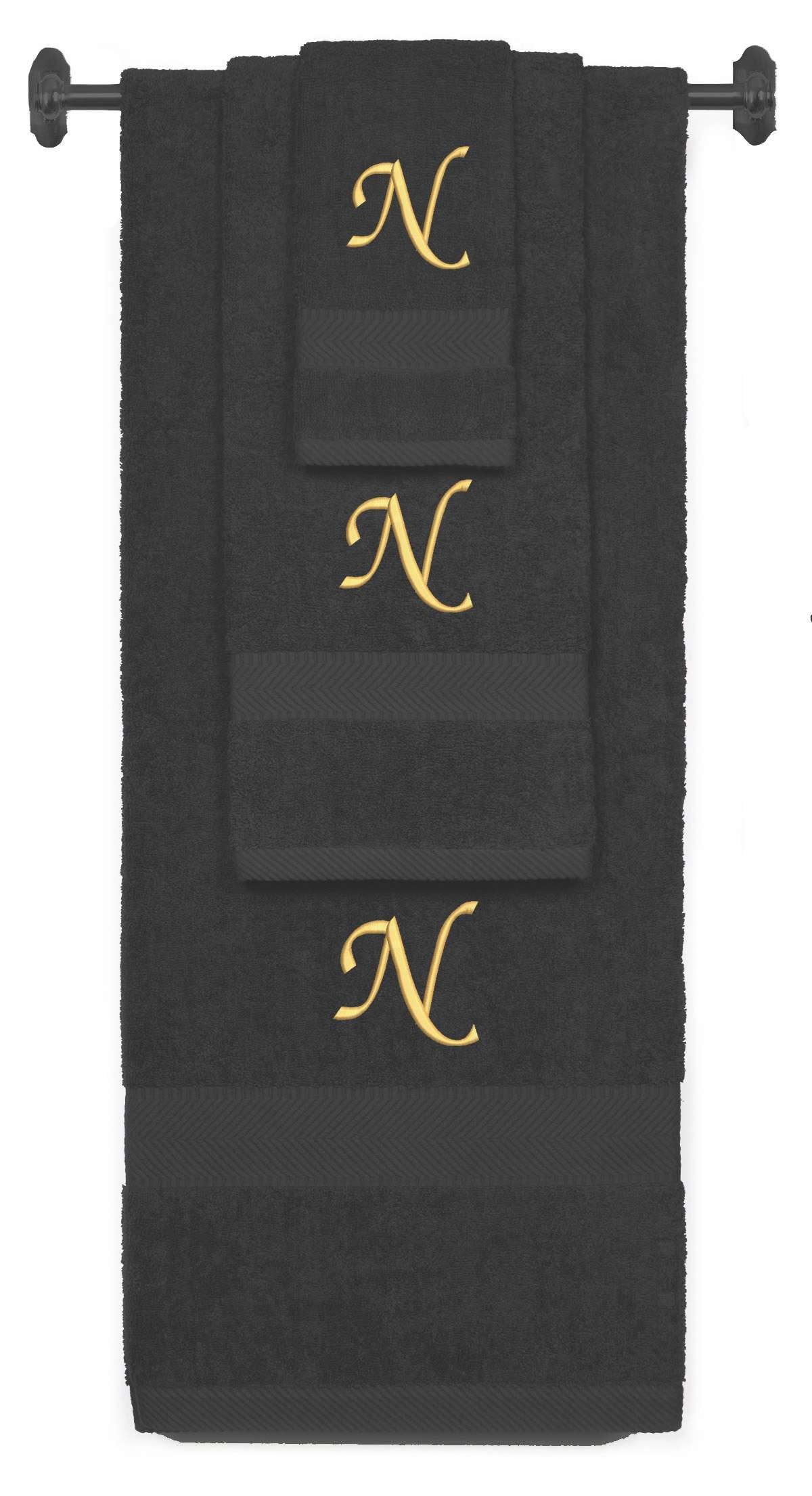 Charcoal monogrammed towel set with Gold thread, Chancery font, initial N - 540 GSM cotton 3-piece