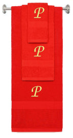 Red monogrammed towel set with Gold thread, Chancery font, initial P - 540 GSM cotton 3-piece