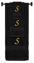 Black monogrammed towel set with Gold thread, Chancery font, initial S - 540 GSM cotton 3-piece