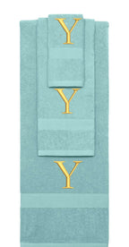 Nautical Teal monogrammed towel set with Gold thread, Times New Roman font, initial Y - 540 GSM cotton 3-piece