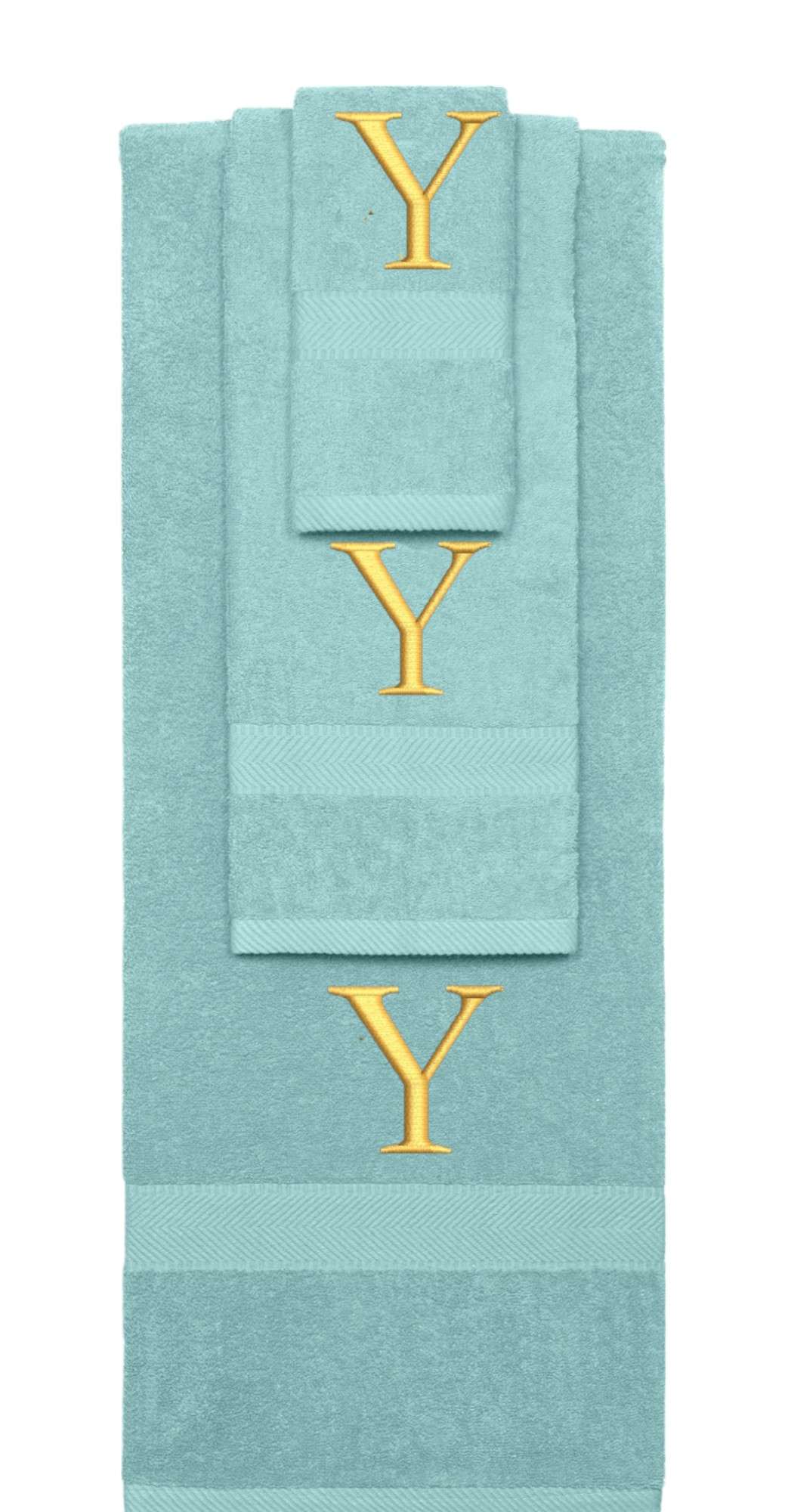 Nautical Teal monogrammed towel set with Gold thread, Times New Roman font, initial Y - 540 GSM cotton 3-piece