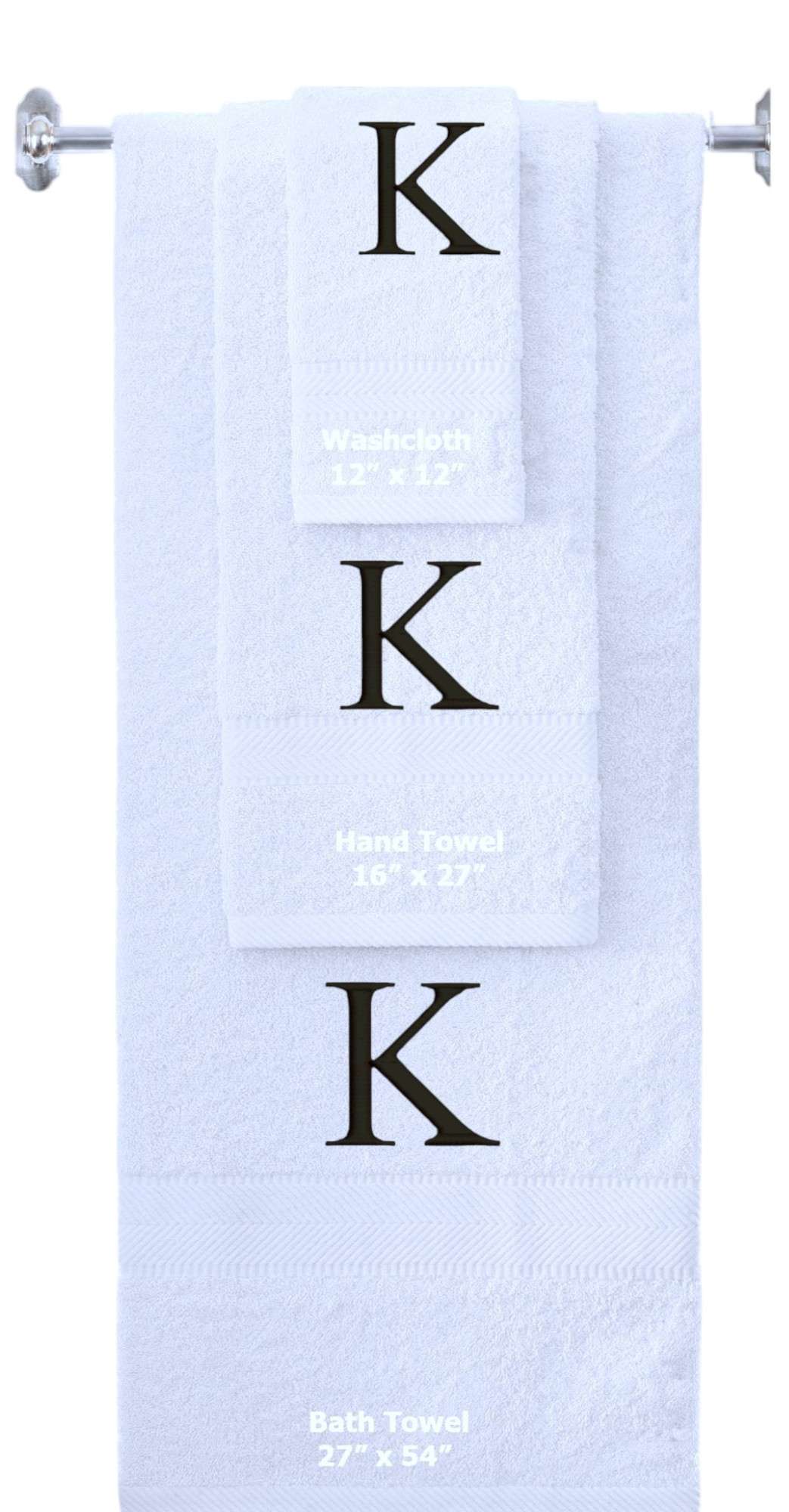 White monogrammed towel set with Black thread, Times New Roman font, initial K - 540 GSM cotton 3-piece