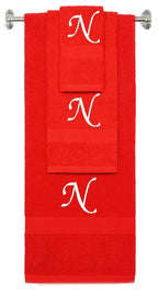 Red monogrammed towel set with White thread, Chancery font, initial N - 540 GSM cotton 3-piece