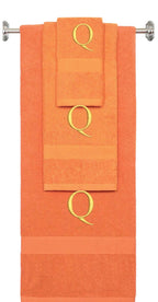 Orange monogrammed towel set with Gold thread, Times New Roman font, initial Q - 540 GSM cotton 3-piece