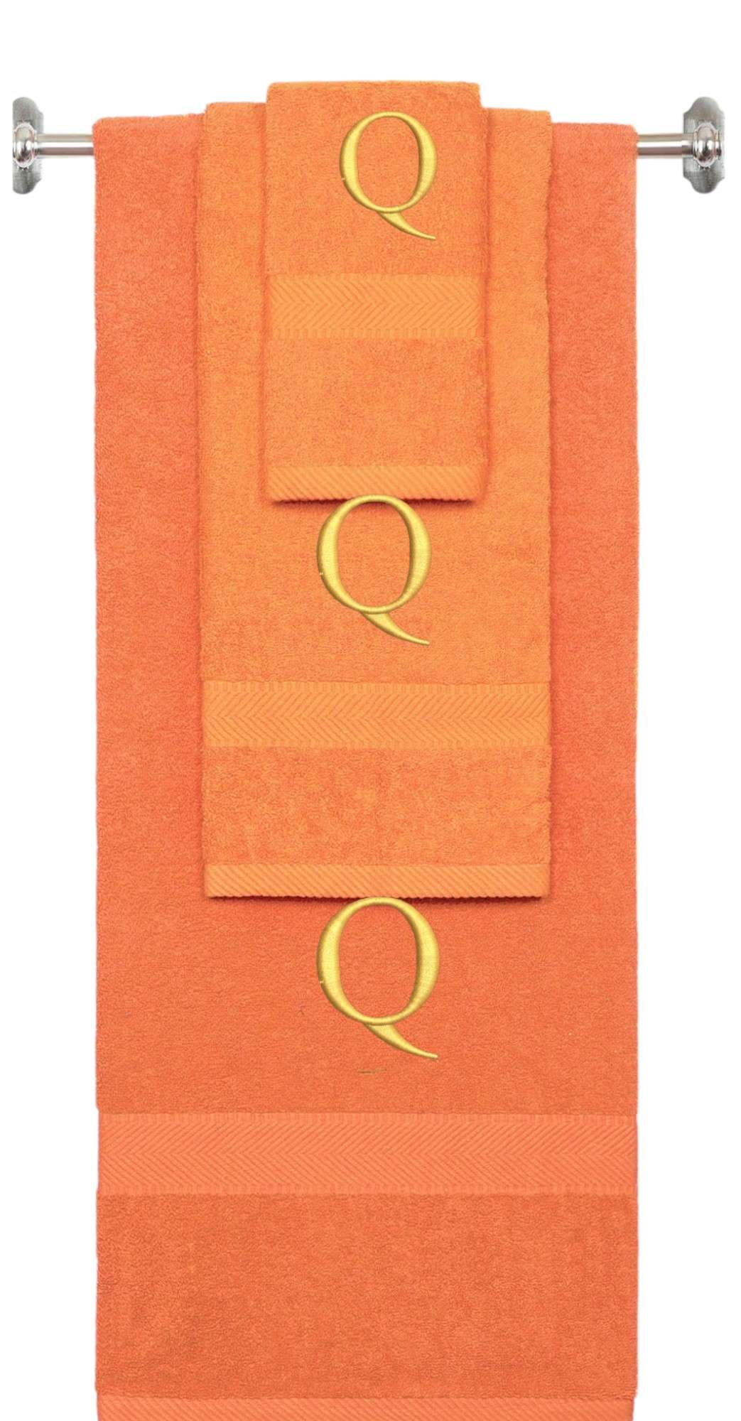 Orange monogrammed towel set with Gold thread, Times New Roman font, initial Q - 540 GSM cotton 3-piece