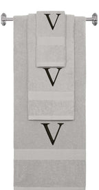 Silver monogrammed towel set with Black thread, Times New Roman font, initial V - 540 GSM cotton 3-piece