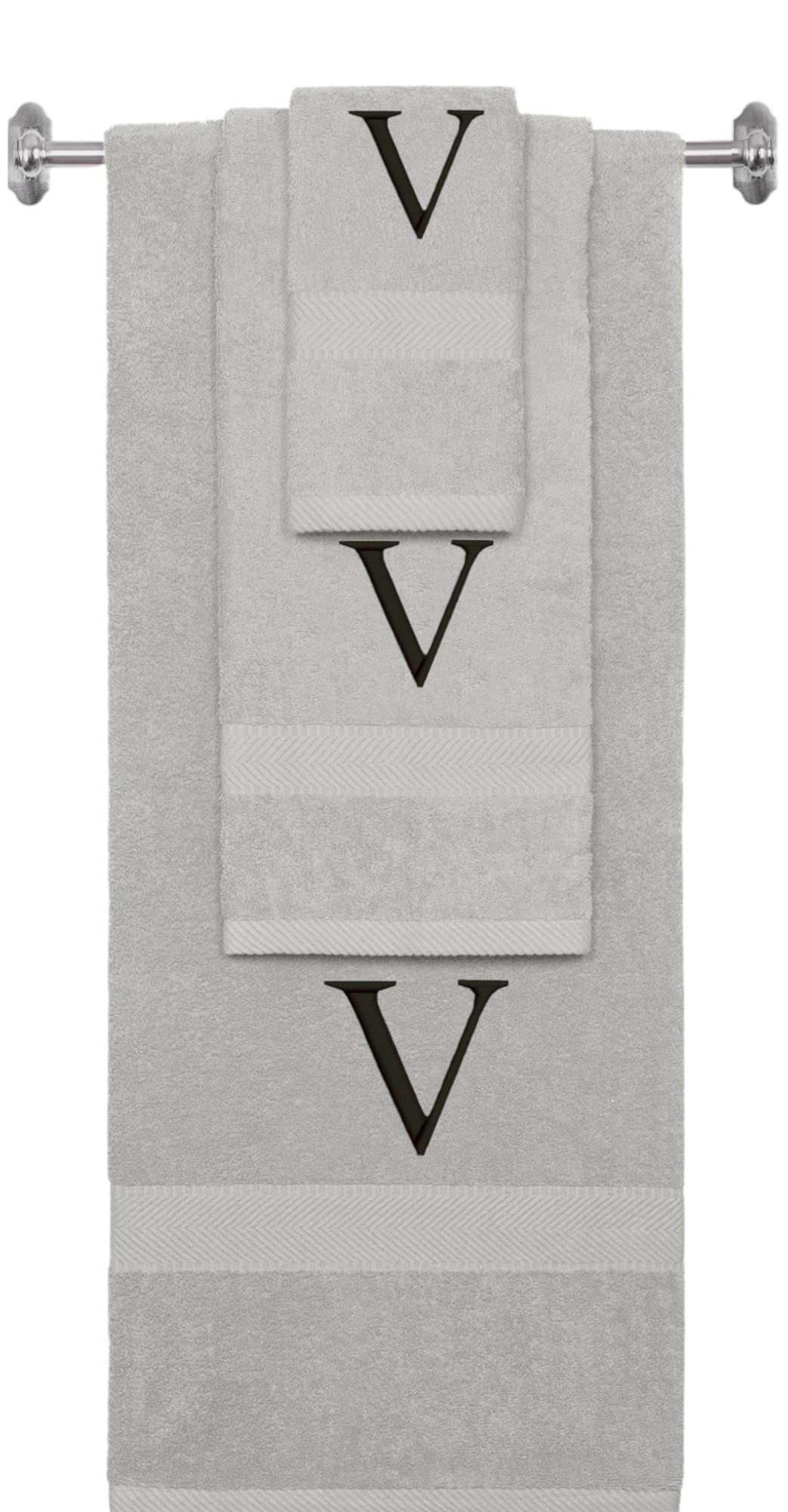 Silver monogrammed towel set with Black thread, Times New Roman font, initial V - 540 GSM cotton 3-piece