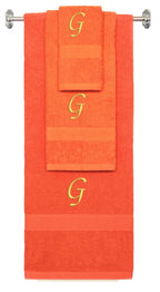 Orange monogrammed towel set with Gold thread, Chancery font, initial G - 540 GSM cotton 3-piece