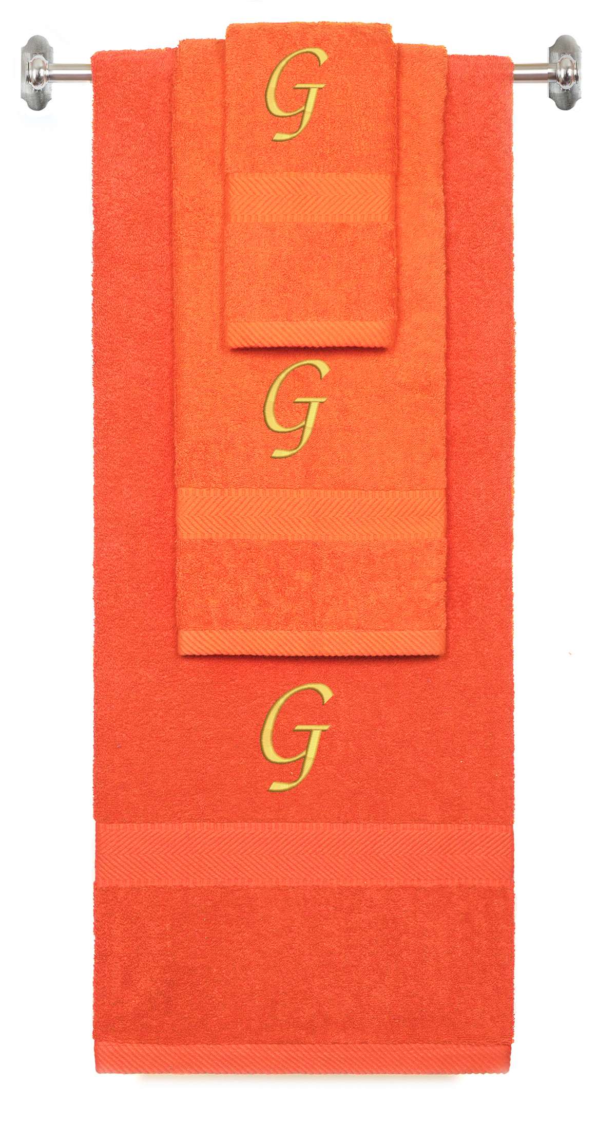 Orange monogrammed towel set with Gold thread, Chancery font, initial G - 540 GSM cotton 3-piece