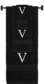 Black monogrammed towel set with Silver thread, Times New Roman font, initial V - 540 GSM cotton 3-piece