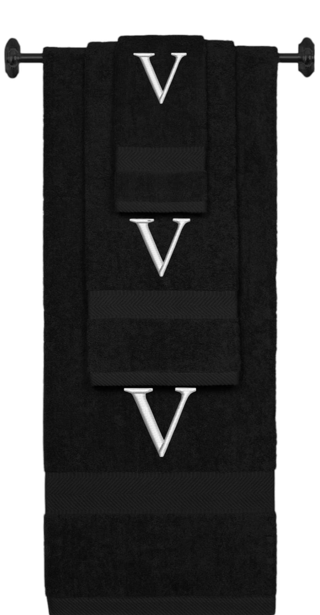 Black monogrammed towel set with Silver thread, Times New Roman font, initial V - 540 GSM cotton 3-piece