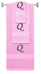 Pink monogrammed towel set with Black thread, Chancery font, initial Q - 540 GSM cotton 3-piece
