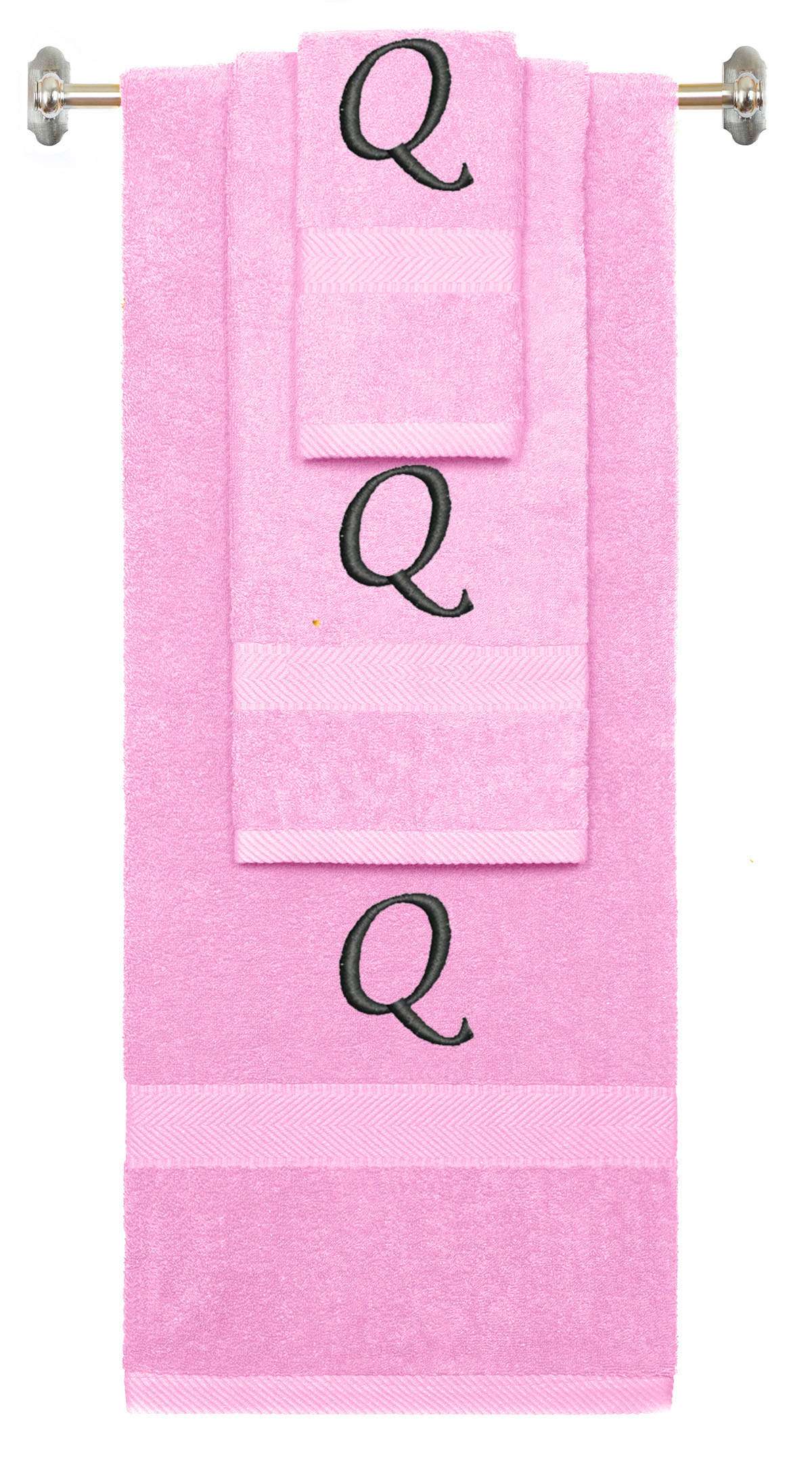Pink monogrammed towel set with Black thread, Chancery font, initial Q - 540 GSM cotton 3-piece