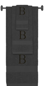 Charcoal monogrammed towel set with Black thread, Times New Roman font, initial B - 540 GSM cotton 3-piece