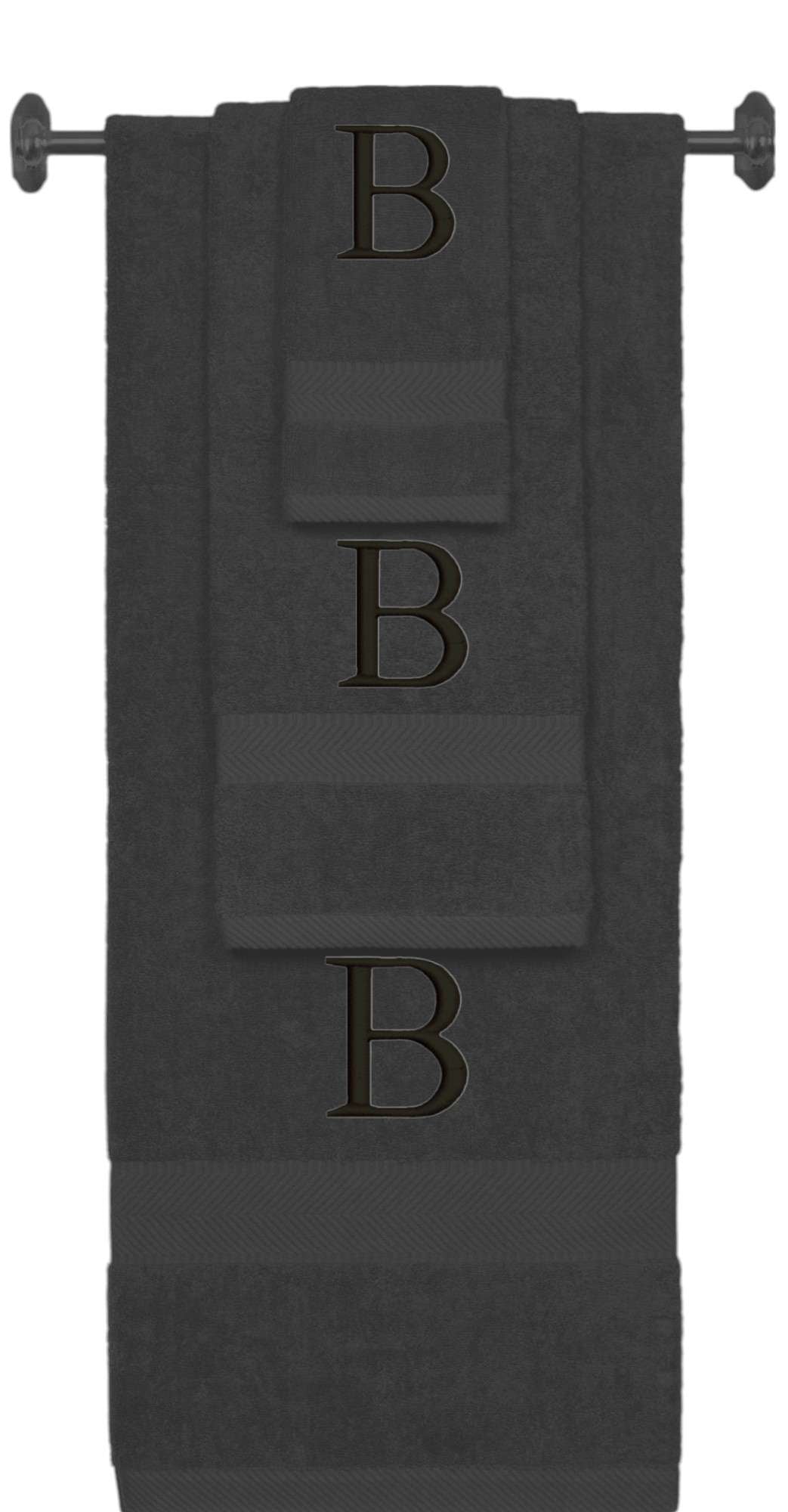 Charcoal monogrammed towel set with Black thread, Times New Roman font, initial B - 540 GSM cotton 3-piece