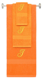 Orange monogrammed towel set with Gold thread, Diana Script font, initial I - 540 GSM cotton 3-piece
