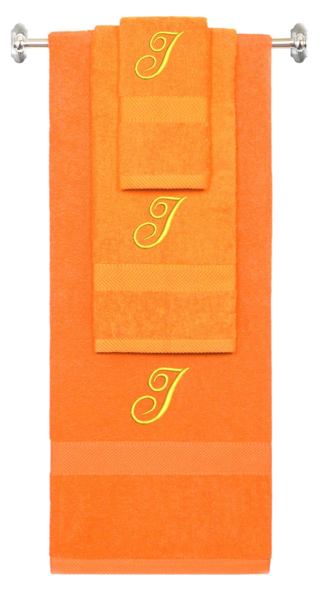 Orange monogrammed towel set with Gold thread, Diana Script font, initial I - 540 GSM cotton 3-piece