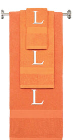 Orange monogrammed towel set with White thread, Times New Roman font, initial L - 540 GSM cotton 3-piece