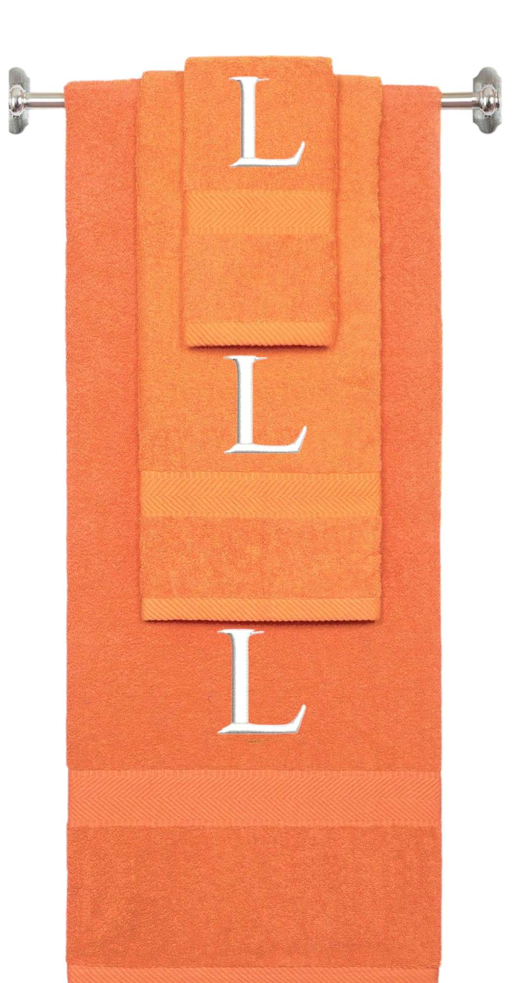 Orange monogrammed towel set with White thread, Times New Roman font, initial L - 540 GSM cotton 3-piece