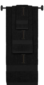 Black monogrammed towel set with Black thread, Times New Roman font, initial I - 540 GSM cotton 3-piece